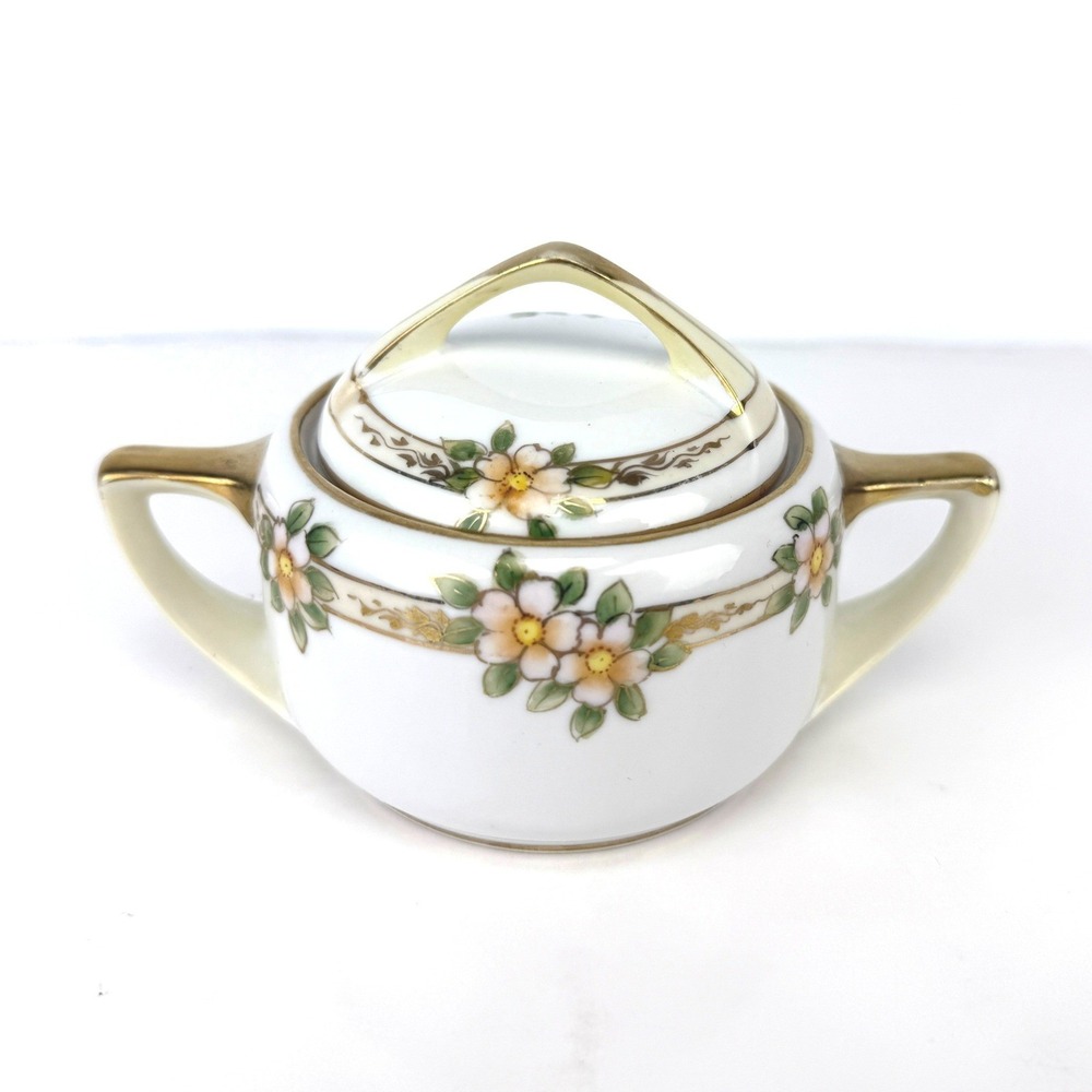 Antique MORIMURA BROTHERS Porcelain Hand Painted Floral Lidded‎ Japan Sugar Bowl